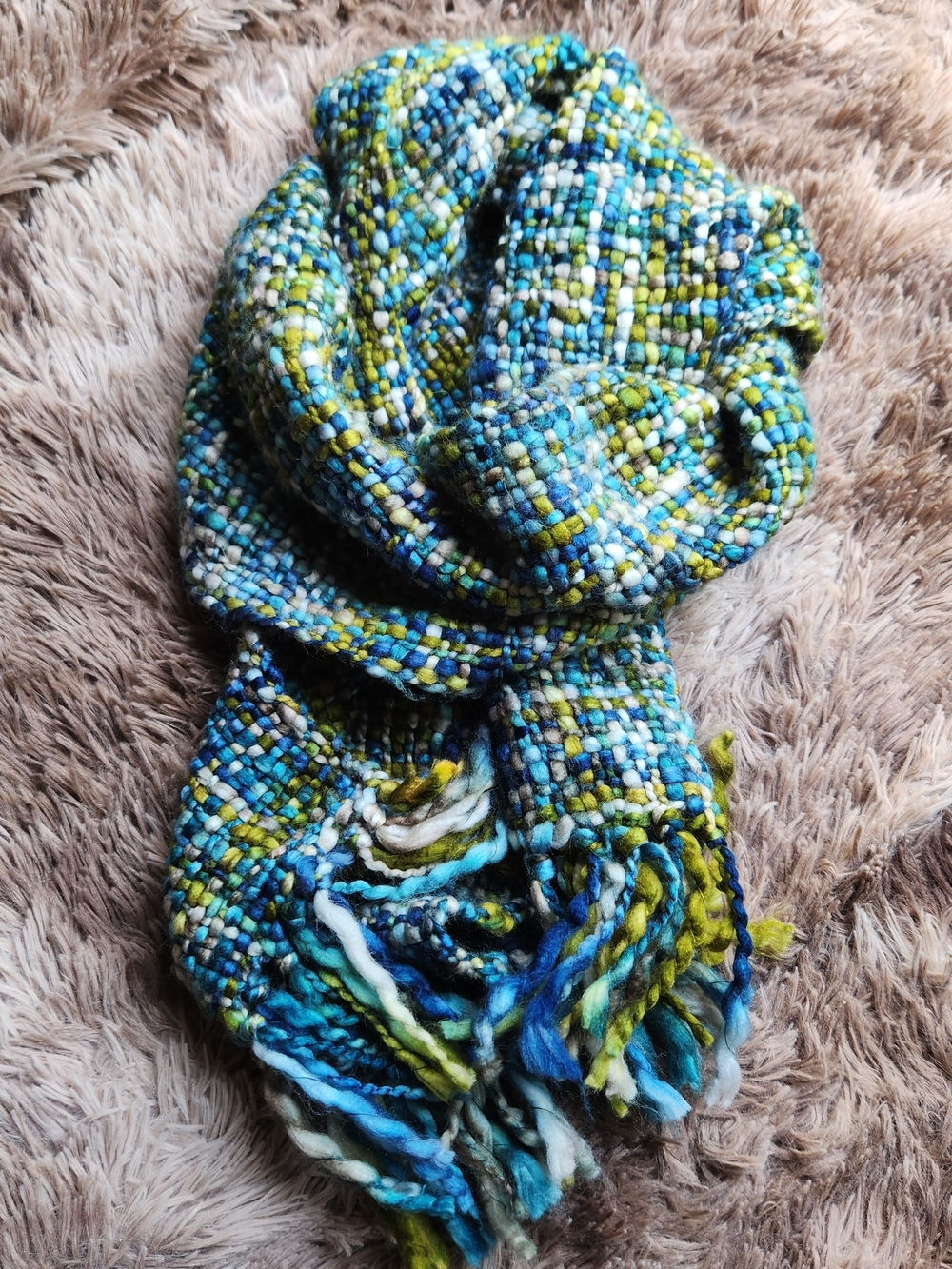 Rising Tide Blue Green Multicolor Woven Fringe Scarf
